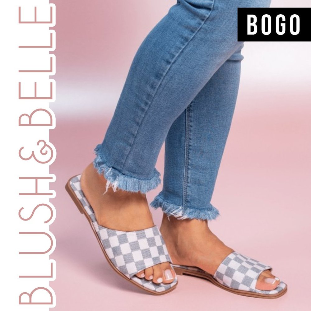 𝔹𝕆𝔾𝕆 Grey Checker Vegan Leather Slide Sandals - Picture 1 of 7